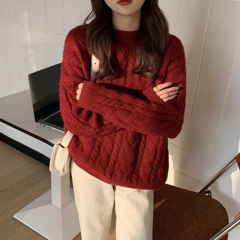 Womens Red Twisted Cable-Knit Pullover Sweater For FallWinter
