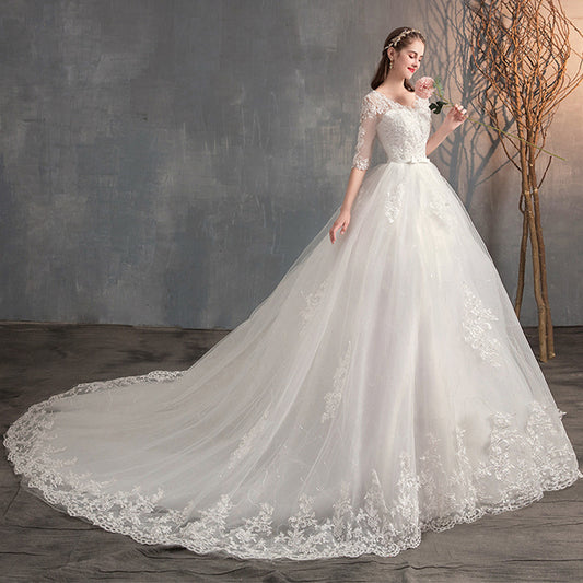 Wedding Dress Trailing Deep V Neck Lace High Waist Wedding Dress Long Sleeves by Mirlaine Univers
