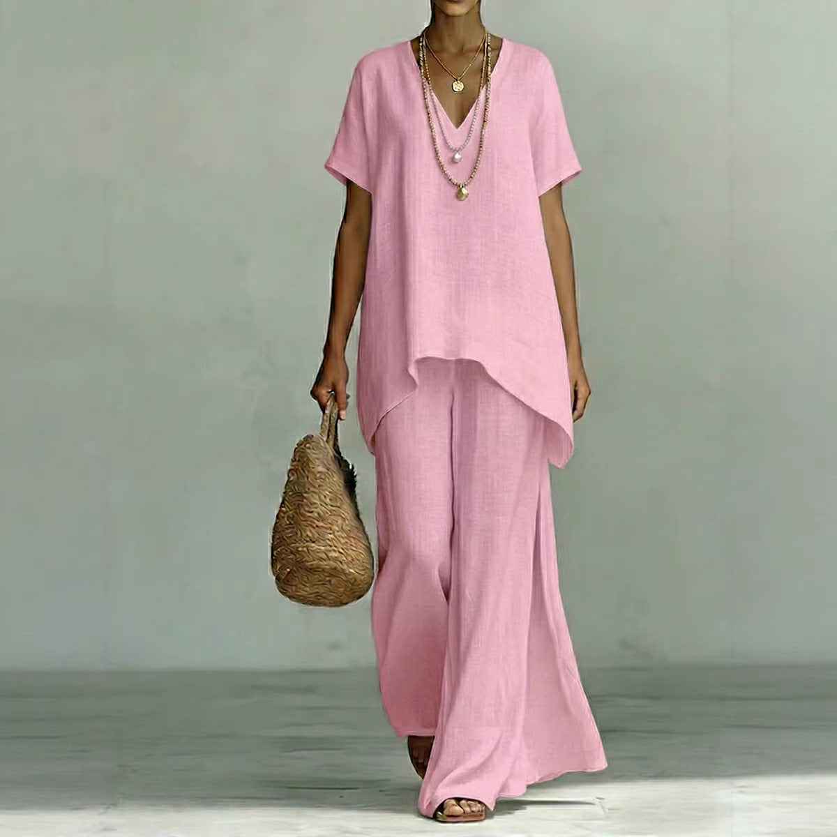 V-neck Short-sleeve Fashionable Loose Top And Wide-leg Pants Set