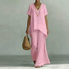 V-neck Short-sleeve Fashionable Loose Top And Wide-leg Pants Set