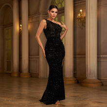 One-shoulder Slant Collar Sequined Slim-fit Sheath Banquet Split Evening Dress by Mirlaine Univers