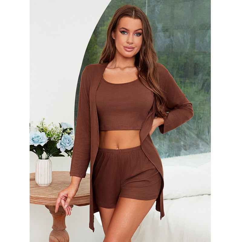 Modal Cotton Ribbed Camisole Nightgown Three-Piece Loungewear Set Sexy Pajamas