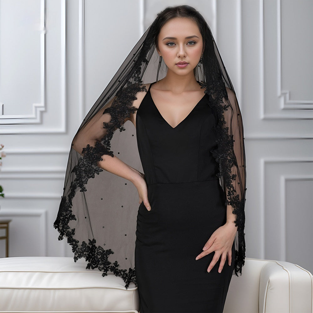 Exquisite Lace Black Veil Pearl Bridal Veil by Mirlaine Univers