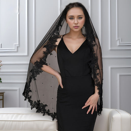 Exquisite Lace Black Veil Pearl Bridal Veil by Mirlaine Univers