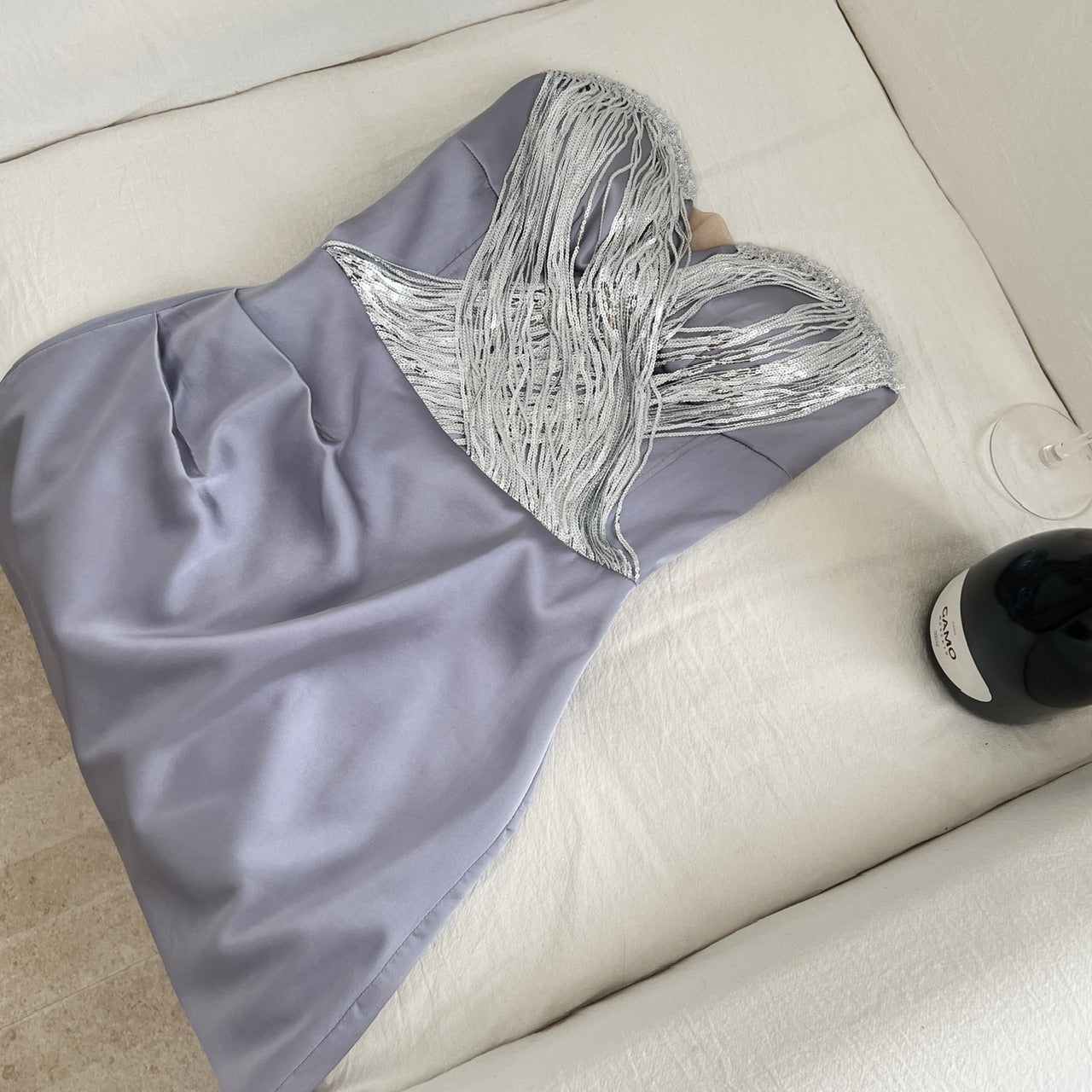 Lustrous Silver Shimmer Sexy Strapless Women's Paneled Lavender Satin Ball Bridesmaid Ceremony Bodycon Dress by Mirlaine Univers