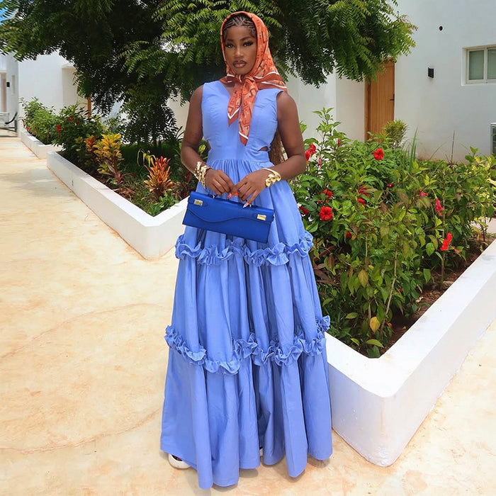 Summer New Sweet  V-neck Hollow High Waist Slimming A- Line Dress