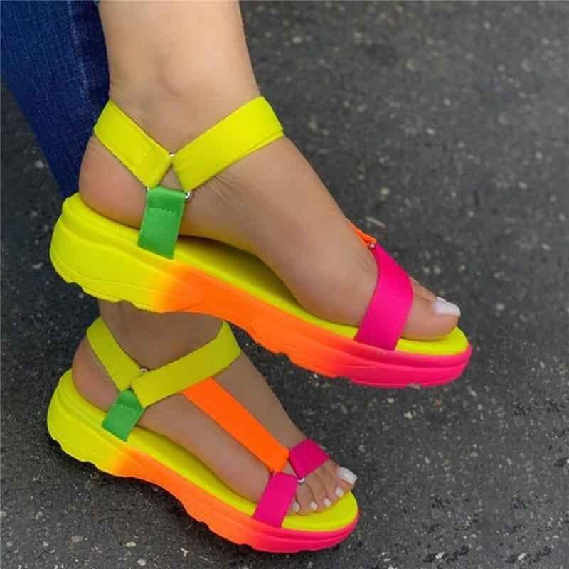 Rainbow color velcro flat sandals for women