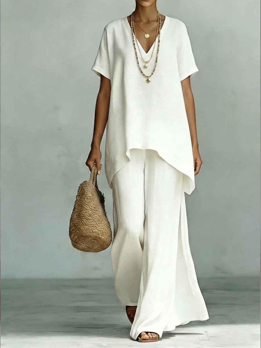 V-neck Short-sleeve Fashionable Loose Top And Wide-leg Pants Set