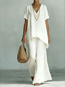 V-neck Short-sleeve Fashionable Loose Top And Wide-leg Pants Set
