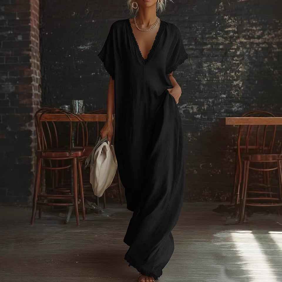 European And American Style Casual Elegant Comfortable Lace-trimmed Loose Linen Cotton Long Dress