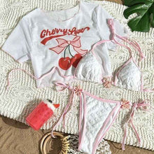 European And American-style Short-sleeve Cover-up Three-piece Bikini Set With A Finalized Print And Lace-up Details