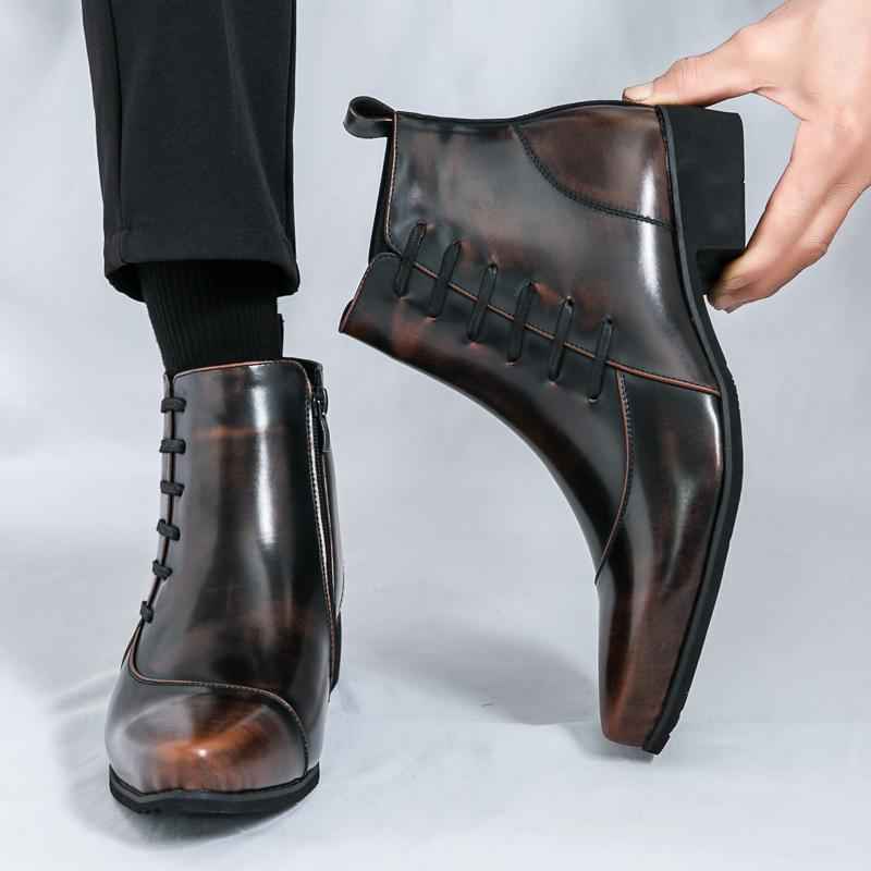 Large Size High-top Shoes Side Zipper Color Matching Leather Shoes Men's British Style