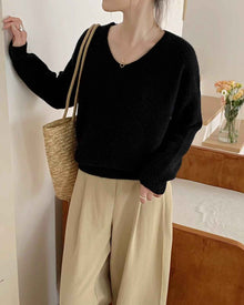 Womens Solid Color Long-Sleeve V-Neck Sweater