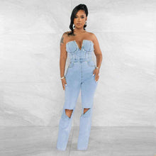 Women's V-Neck Denim With Hole Zip Pocket Jumpsuit