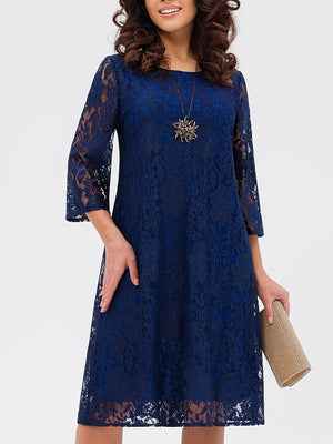 Womens Lace Hollow-Out Round-Neck Three-Quarter-Sleeve Dress