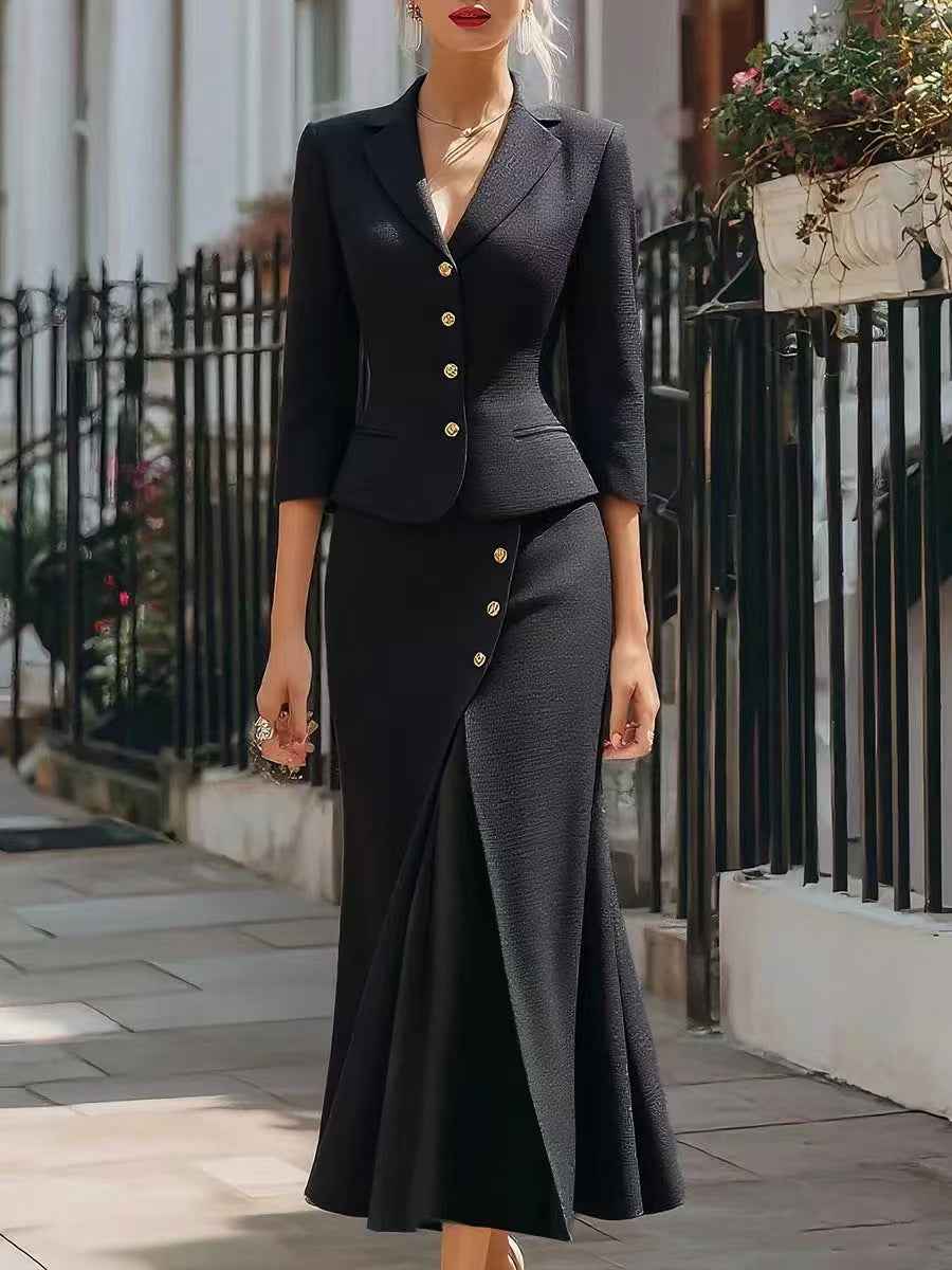 Three-quarter-sleeve Blazer And Long Skirt Set With Buttons And A Slit Mid-length Skirt