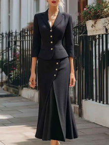 Three-quarter-sleeve Blazer And Long Skirt Set With Buttons And A Slit Mid-length Skirt