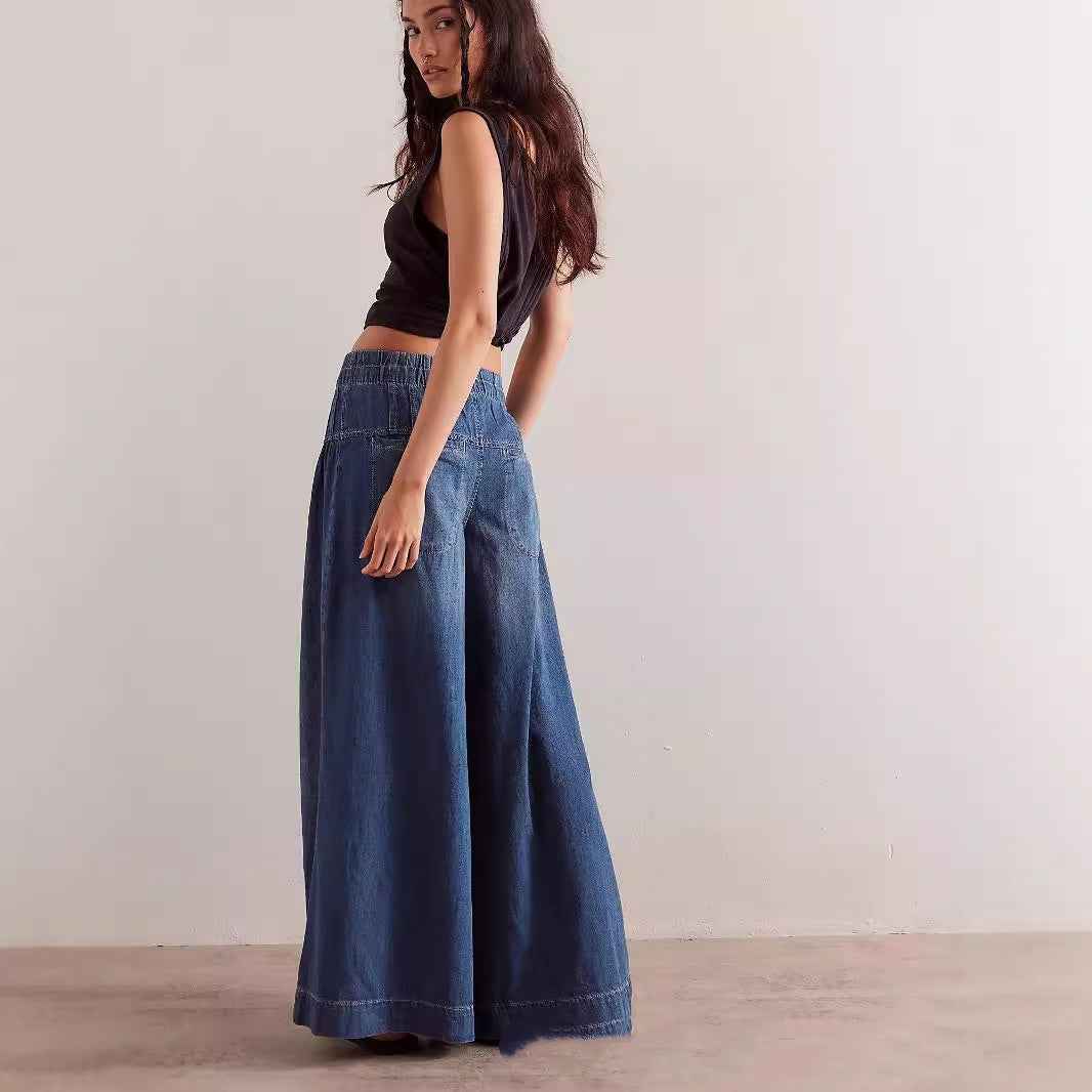 Womens Pleated Mid-Waist Lace-Up Loose Wide-Leg Denim Jeans
