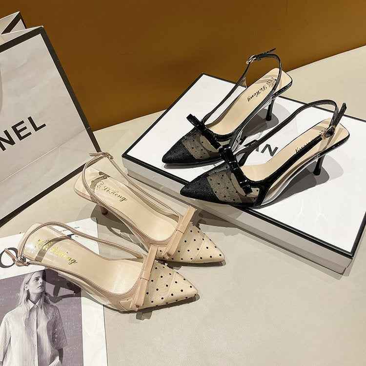 2026 New Arrival Closed-Toe Heels For Women, Summer Open-Wear Pointed-Toe Stiletto Sandals With Bowknot & Tulle, Sexy Single Pumps