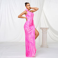 One-shoulder Diagonal Collar Sequined Slit Evening Dress by Mirlaine Univers