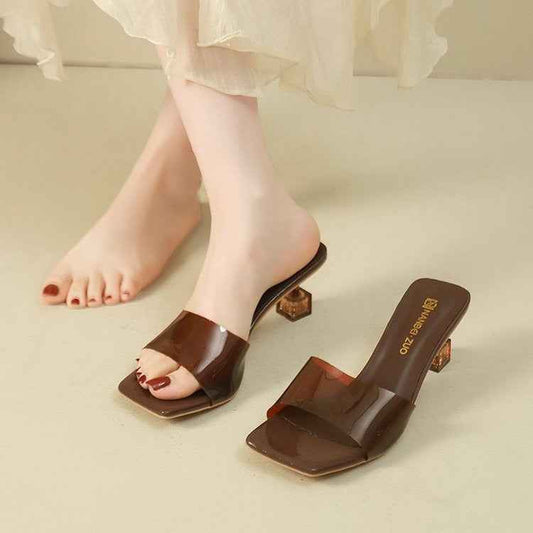 French Style Crystal Thin Heel Square Toe One-Strap Sandals For Women, New Transparent High Heel Slide Sandals Outdoor Wear