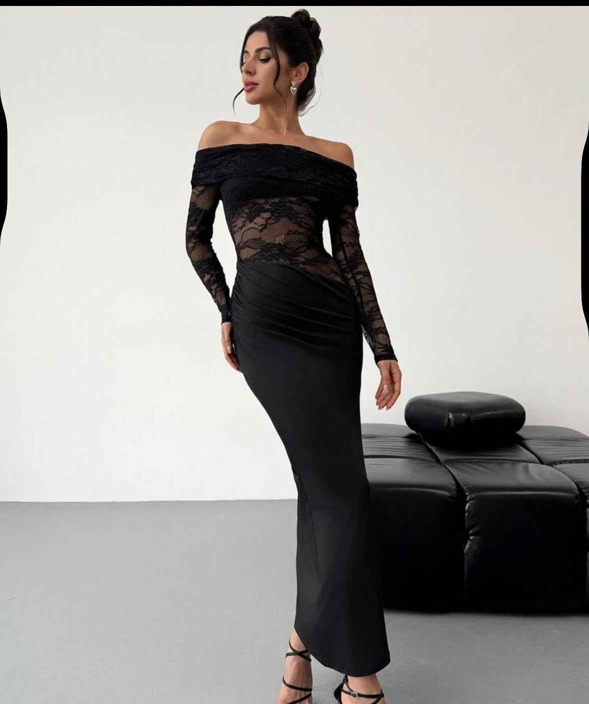 Womens Sexy Hollow-Out Lace Long-Sleeve Dress