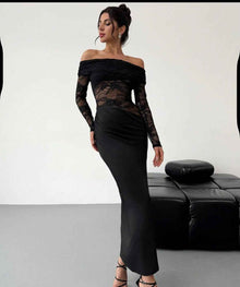 Womens Sexy Hollow-Out Lace Long-Sleeve Dress