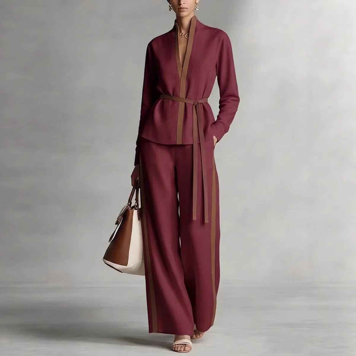 Women's Casual Patchwork Cardigan Shirt And Wide-Leg Pants Set