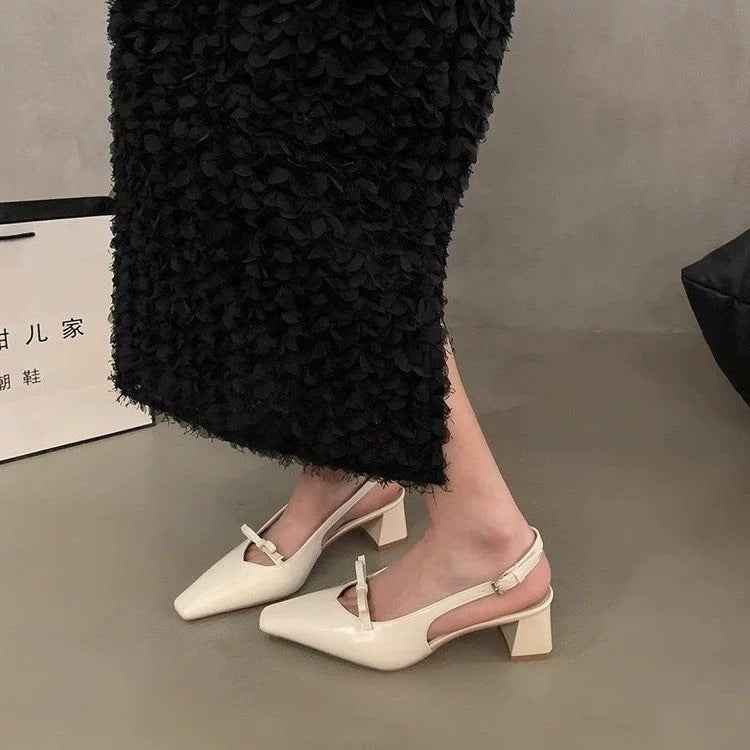 Women's Silver French Style Block Heel Sandals, 2025 New Arrival, Elegant Closed Toe Summer Shoes, Unique Designer Heels For Women