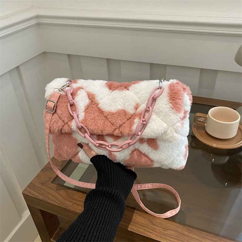 Stylish One-shoulder Envelope Bag With Leopard Print And Fluffy Accents Crossbody Bag