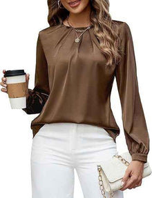 Womens Casual Pleated Long-Sleeve Top Satin Crew-Neck Shirt