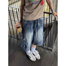 American-style Washed Loose-fit Multi-pocket Denim Capri Pants