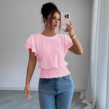 Jacquard Solid-color Crewneck Ruched Batwing-sleeve Short-sleeve Shirt
