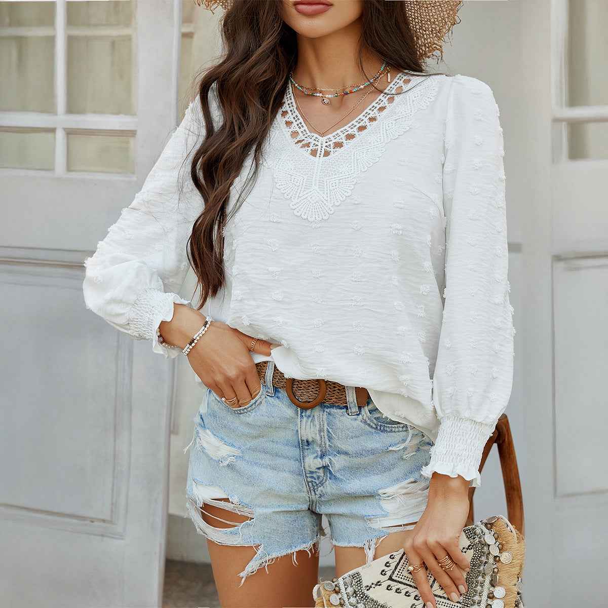 Casual Resort-Style Solid-Color Jacquard Embroidered Long-Sleeve Shirt