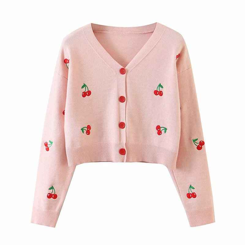 Long sleeve V-neck Straight Cherry Embroidered Cardigan Ssweater