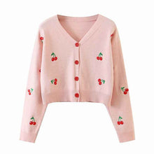 Long sleeve V-neck Straight Cherry Embroidered Cardigan Ssweater