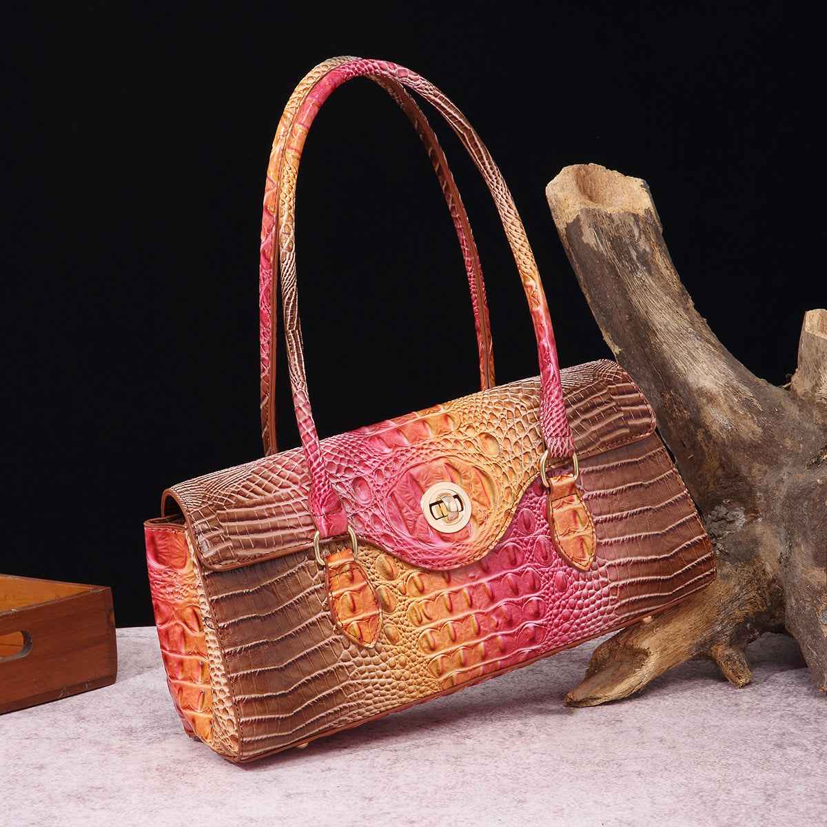 Womens Crocodile-Print Brahmin Shoulder Tote Bag