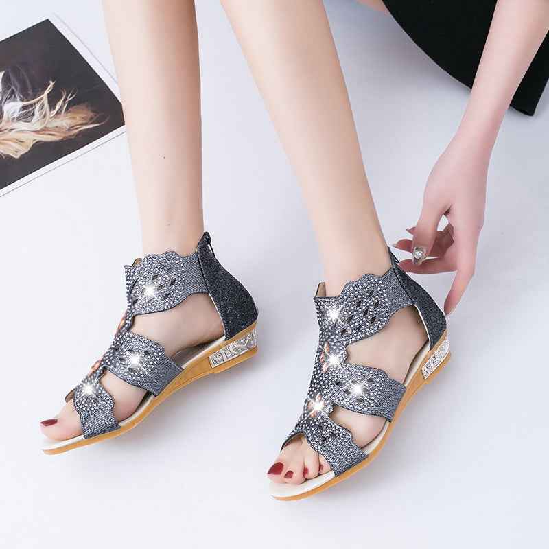 Summer New Fashion Flat Casual Open Toe Rhinestone Hollow Sandals For Women