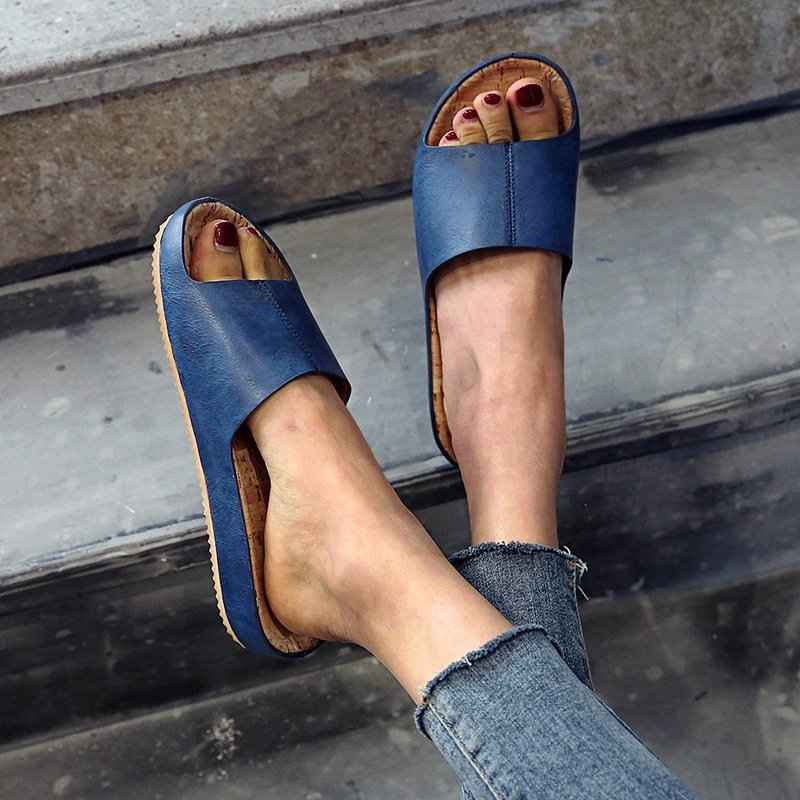 Large Size Retro Wood Grain Flat Sandals Women