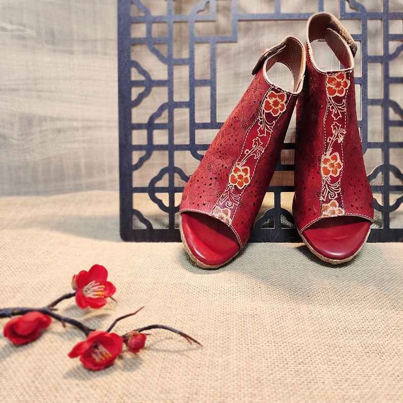 Flower Hollow Retro Breathable Ethnic Style Thick Heel Sandals Women Sandals Summer