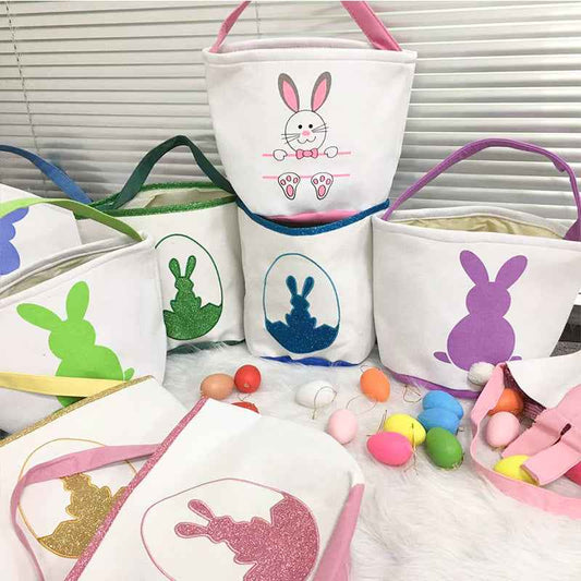 Happy Easter Burlap Bunny Ears Bags Easter Basket Canvas Bunny Buckets Easter Tote Bags with Rabbit Tail Kids Gift
