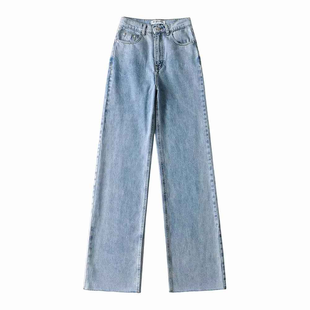 High Waisted Raw Edge Wide Leg Mopping Denim Trousers