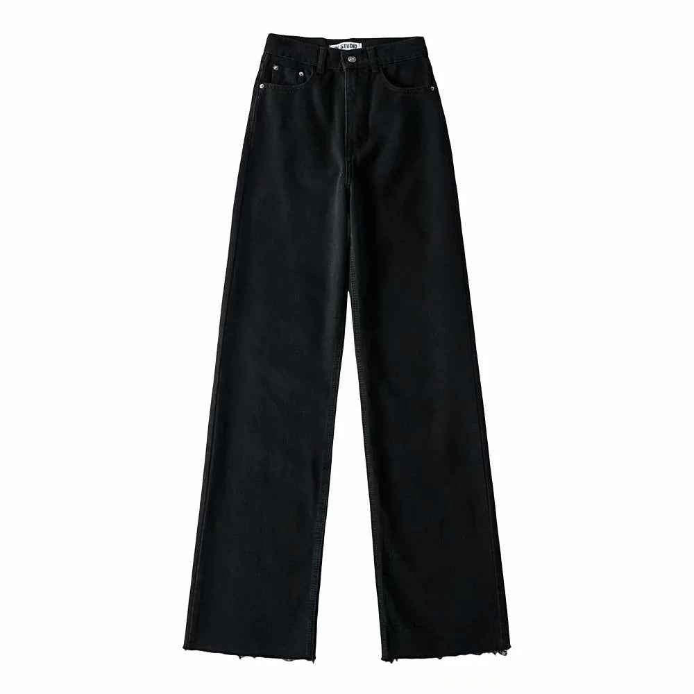 High Waisted Raw Edge Wide Leg Mopping Denim Trousers