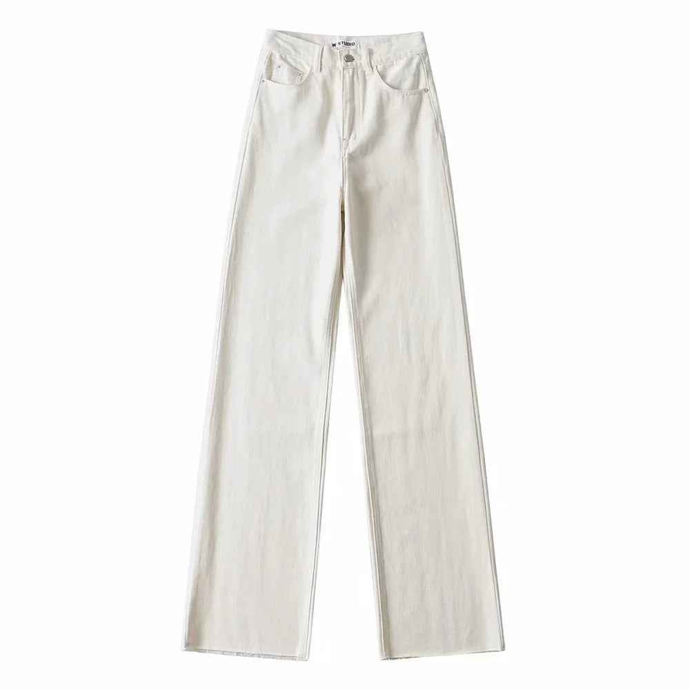 High Waisted Raw Edge Wide Leg Mopping Denim Trousers