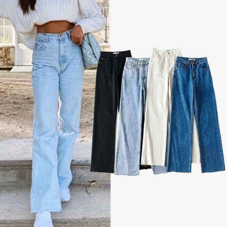 High Waisted Raw Edge Wide Leg Mopping Denim Trousers