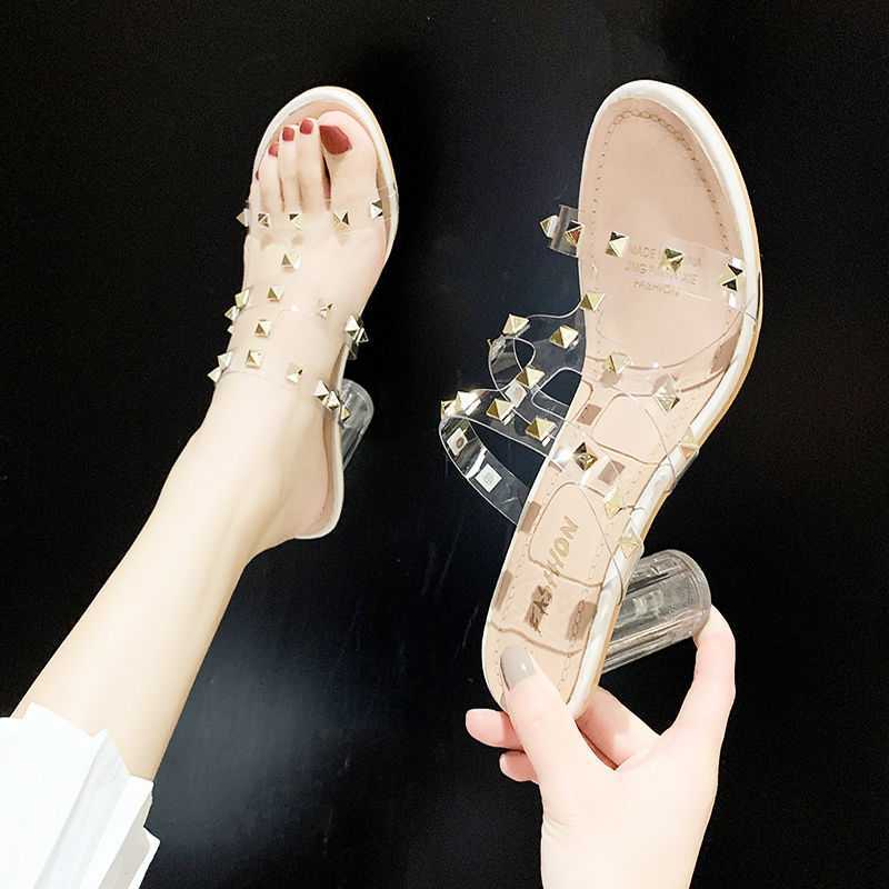 One Word With Rivet Transparent High-heeled Sandals Women Thick Heel Sandals Women by Mirlaine Univers