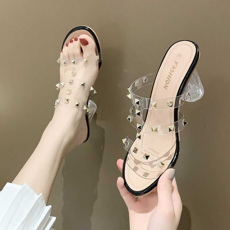 One Word With Rivet Transparent High-heeled Sandals Women Thick Heel Sandals Women by Mirlaine Univers