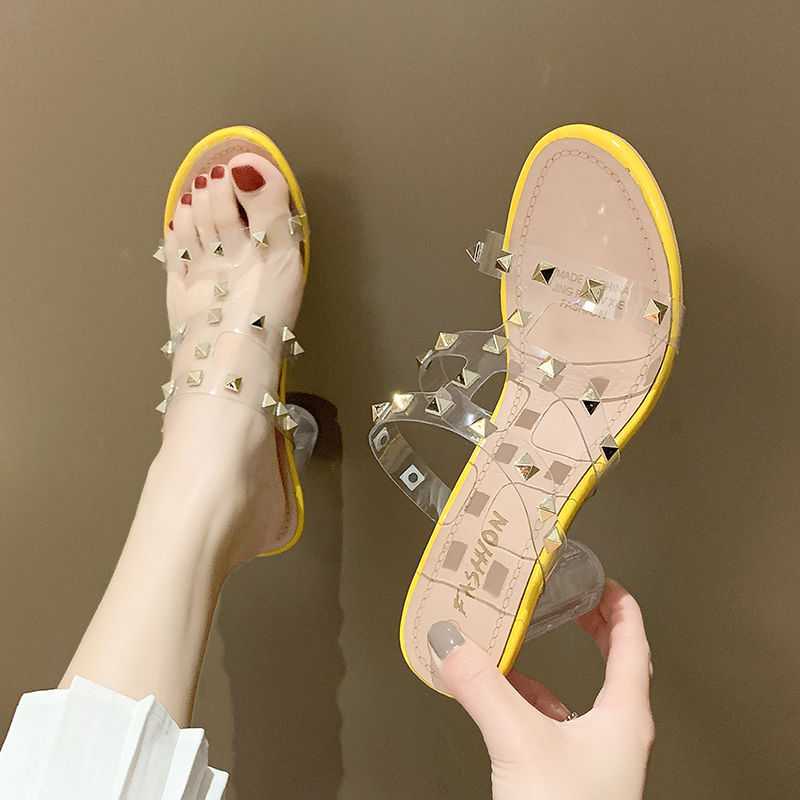 One Word With Rivet Transparent High-heeled Sandals Women Thick Heel Sandals Women by Mirlaine Univers
