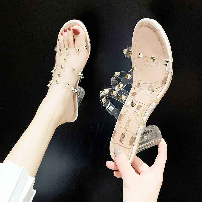One Word With Rivet Transparent High-heeled Sandals Women Thick Heel Sandals Women