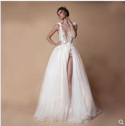 Angel Wedding Dress, Diamond Lace Collar, High Slit Bridal Tail, Open Back Light Wedding Dress by Mirlaine Univers